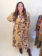 Floral Print Puff Sleeve Midi Dress in Sand