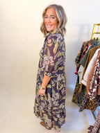 Floral Abstract Print Collared Midi Dress in Brown Mix