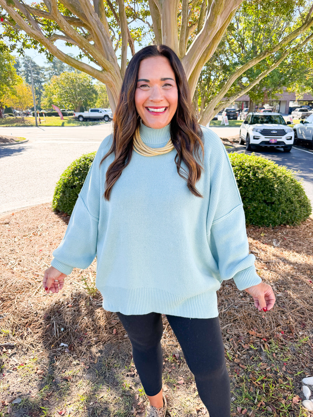 Side Slit Mockneck Long Sleeve Knit Sweater in Sea Angel