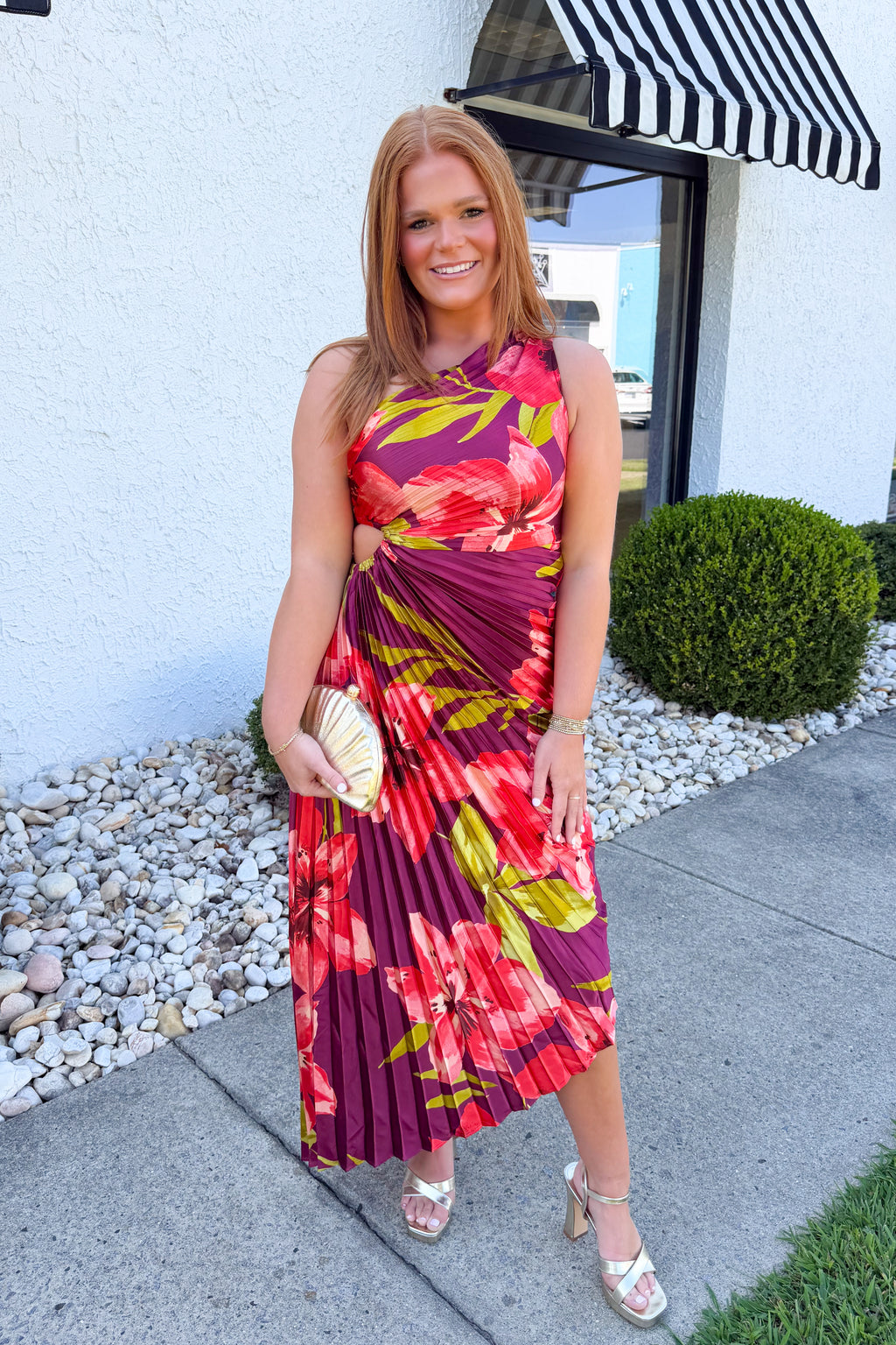 Floral One Shoulder Asymmetrical Pleated Dress - Plum