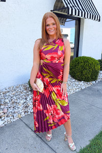 Floral One Shoulder Asymmetrical Pleated Dress - Plum