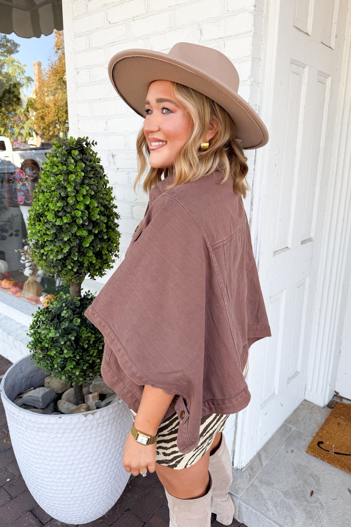 Cropped Slightly Oversized Denim Poncho in Brown