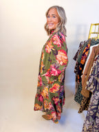 Floral Print Tiered Midi Dress in Olive Mix