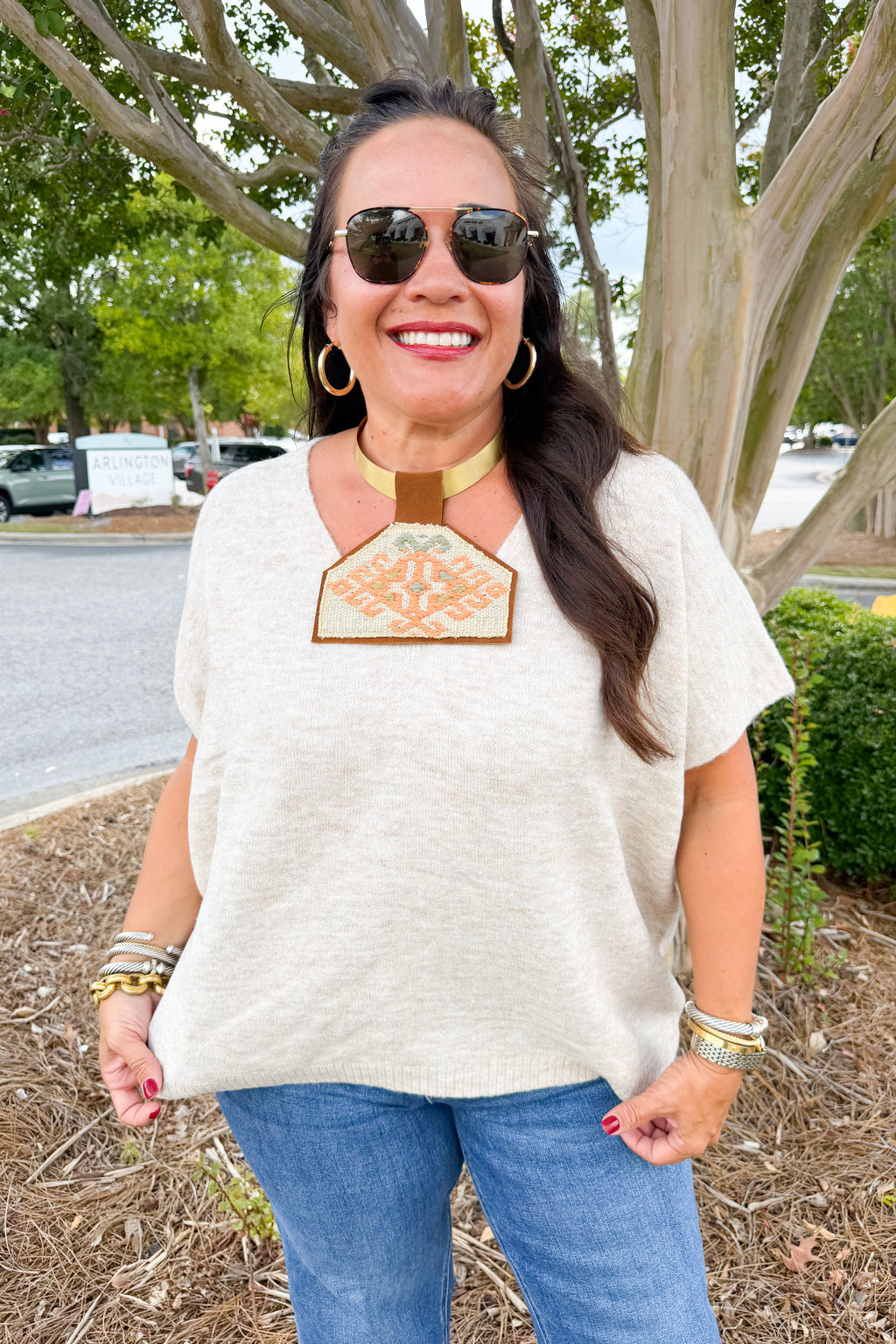 Oversized V-Neck Short Sleeve Sweater in Heather Beige