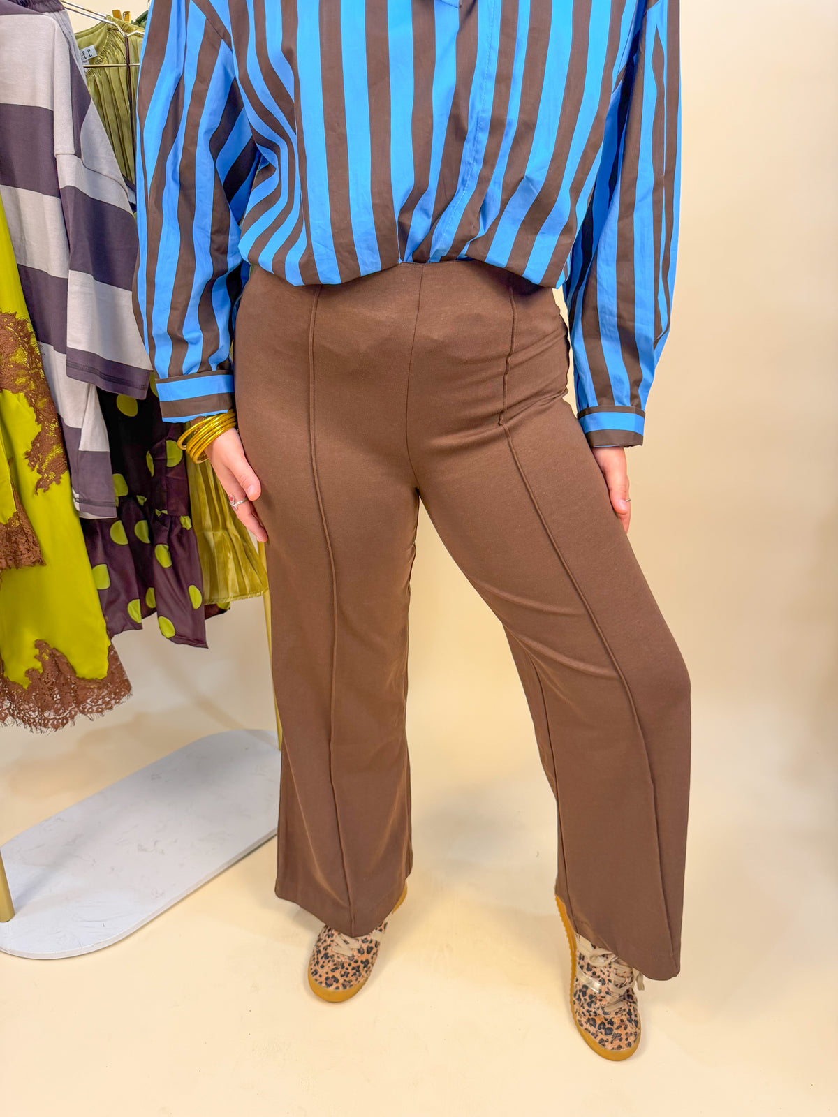High Waist Wide Cropped Flare Pants in Chocolate