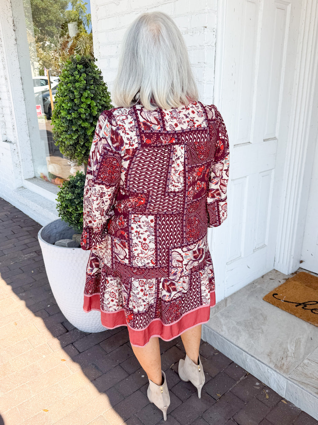 Abstract Print Long Sleeve Mini Dress in Wine Mix