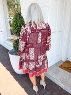Abstract Print Long Sleeve Mini Dress in Wine Mix