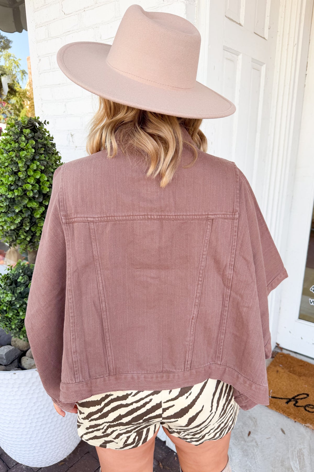 Cropped Slightly Oversized Denim Poncho in Brown