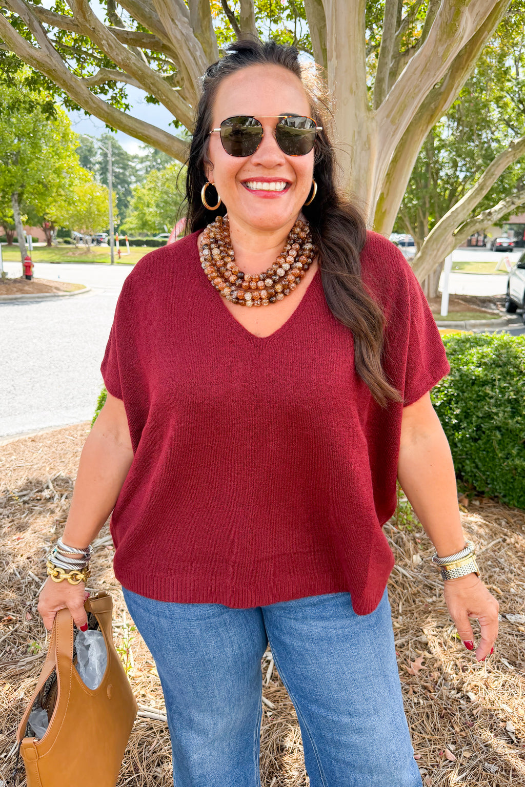 Oversized V-Neck Short Sleeve Sweater in Cabernet