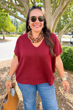 Oversized V-Neck Short Sleeve Sweater in Cabernet