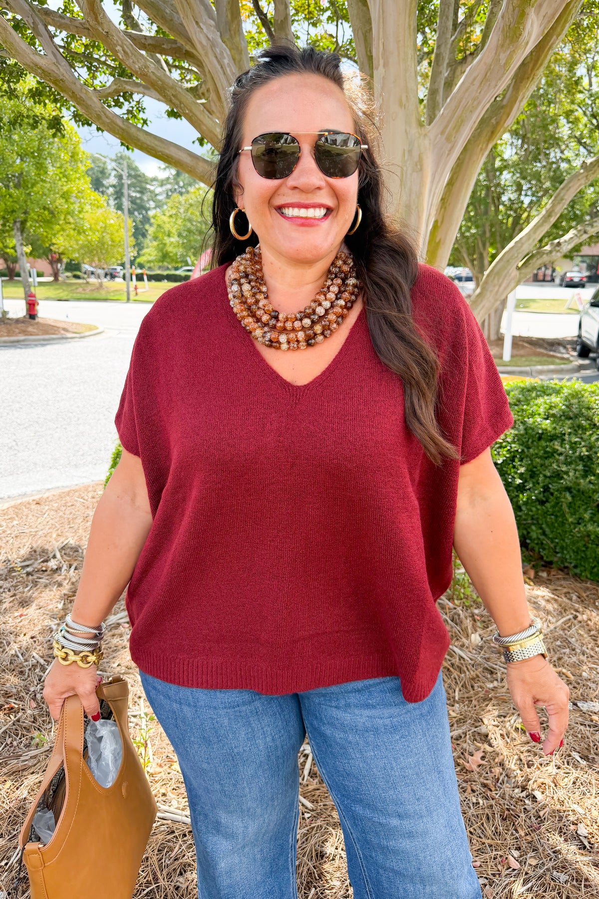 Oversized V-Neck Short Sleeve Sweater in Cabernet
