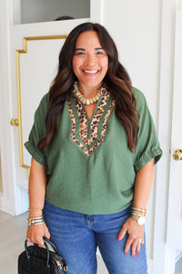 Olive Trimmed in Leopard Blouse