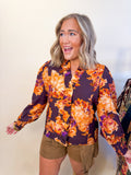 Floral Print Ruffle Long Sleeve Blouse in Pumpkin