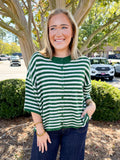 Wool Short Sleeve Striped Button Up Sweater in Dark Green