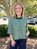 Wool Short Sleeve Striped Button Up Sweater in Dark Green