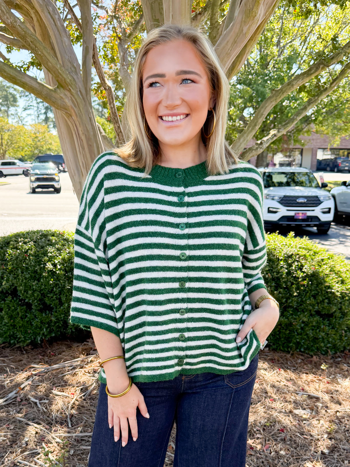 Wool Short Sleeve Striped Button Up Sweater in Dark Green