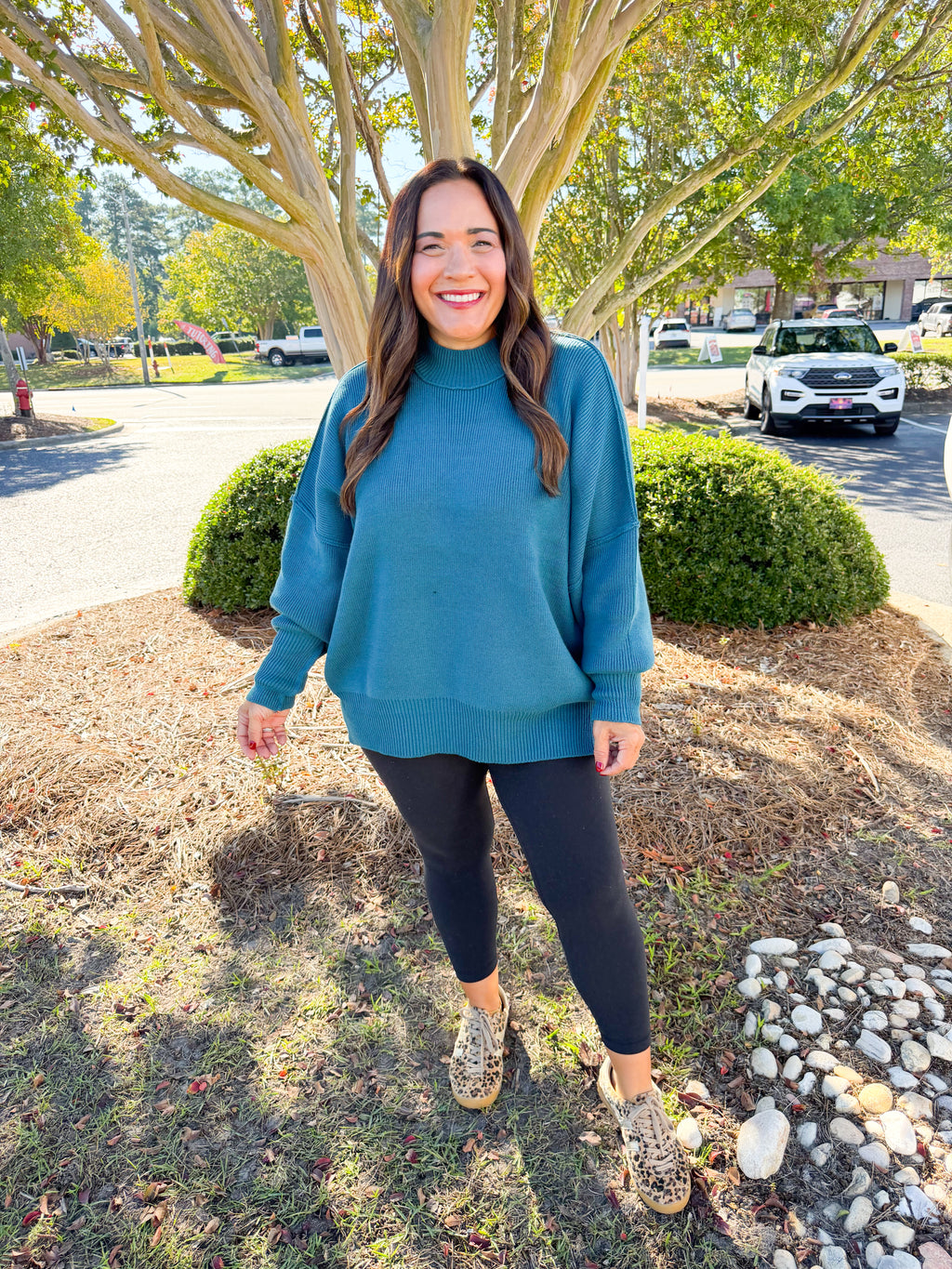 Side Slit Mockneck Long Sleeve Knit Sweater in Teal