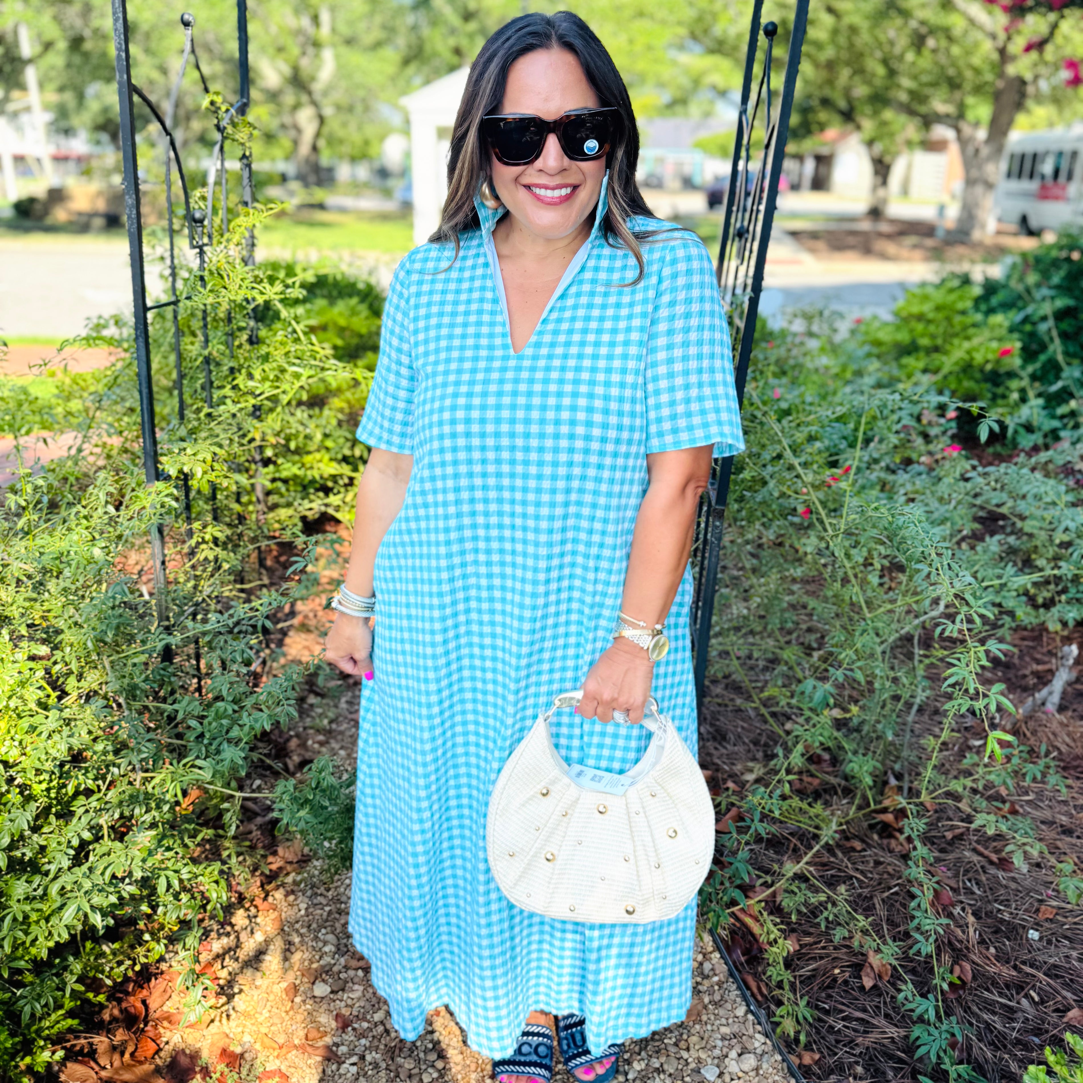 Adrienne Audrey Dress in Aqua Seersucker Gingham