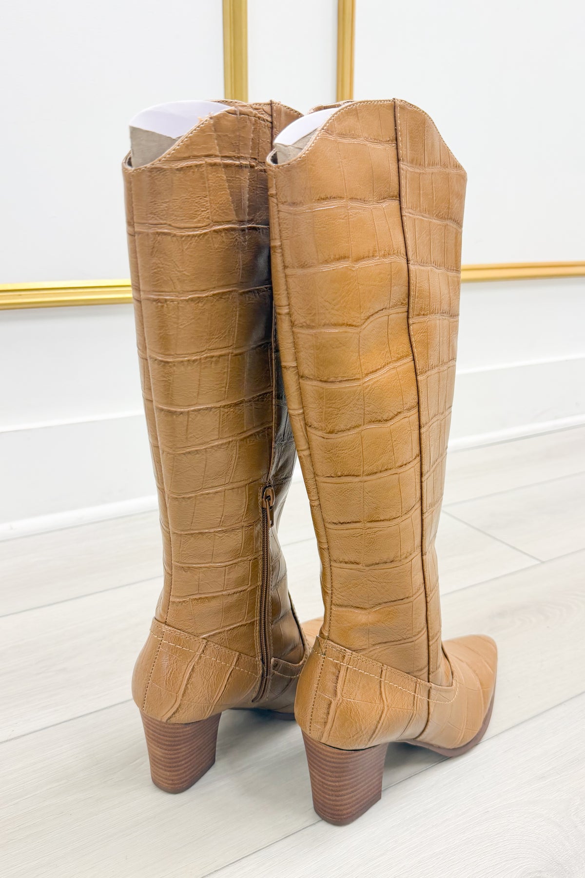 Crocodile Knee High Block Heel Boot in Tan