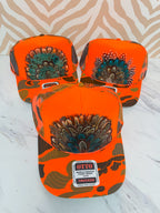 Feather Trucker Hat - Orange Camo (3 Options)