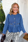 Ruffle Denim Horsebit Button Up Top