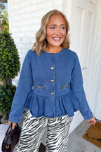 Ruffle Denim Horsebit Button Up Top