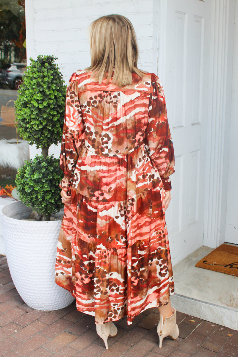 Marissa Mixed Abstract Print Collard Tiered Midi Dress in Rust