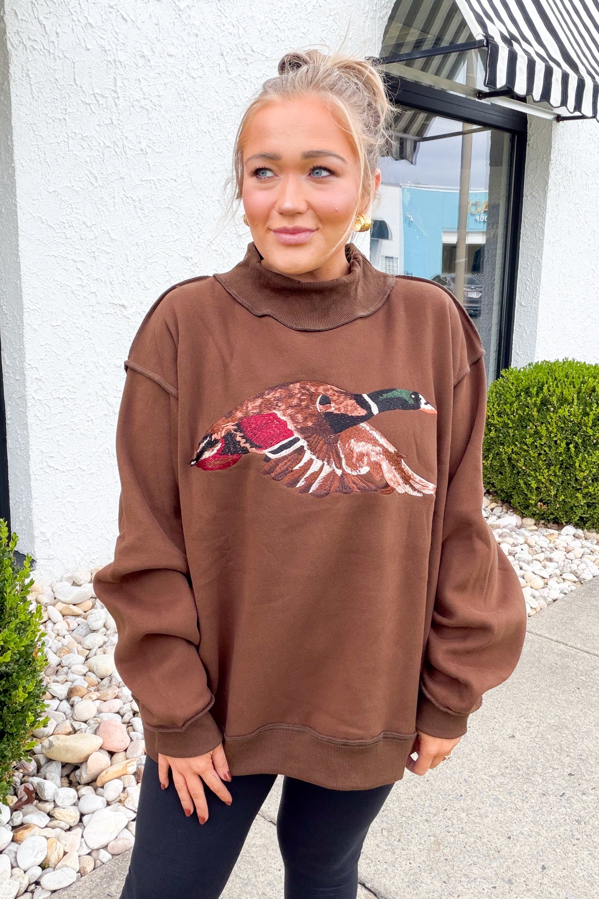 Flying Mallard Embroidered Mock Neck Sweatshirt - Brown