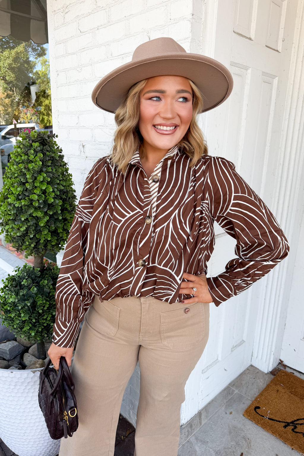 Taking Care of Business Abstract Print Blouse in Brown