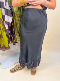 Lace Trim Black Hem Satin Maxi Skirt