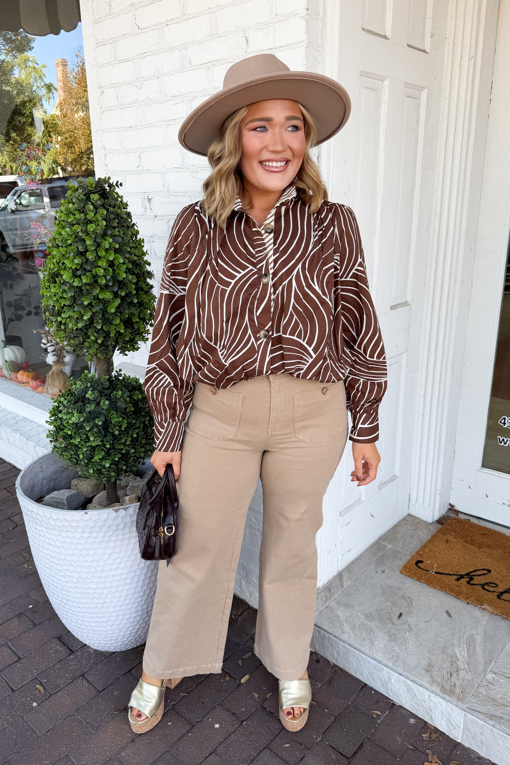 Taking Care of Business Abstract Print Blouse in Brown