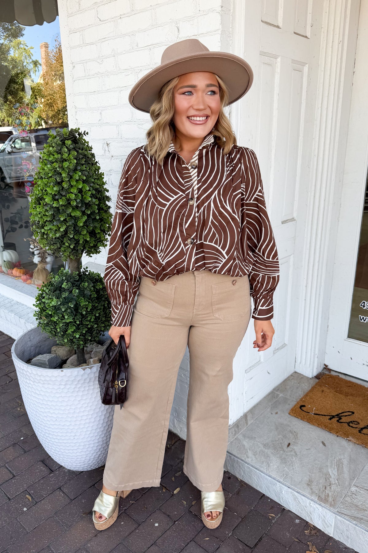 Taking Care of Business Abstract Print Blouse in Brown