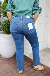 High Rise Raw Hem Dark Wash Kick Flare Jeans Vervet