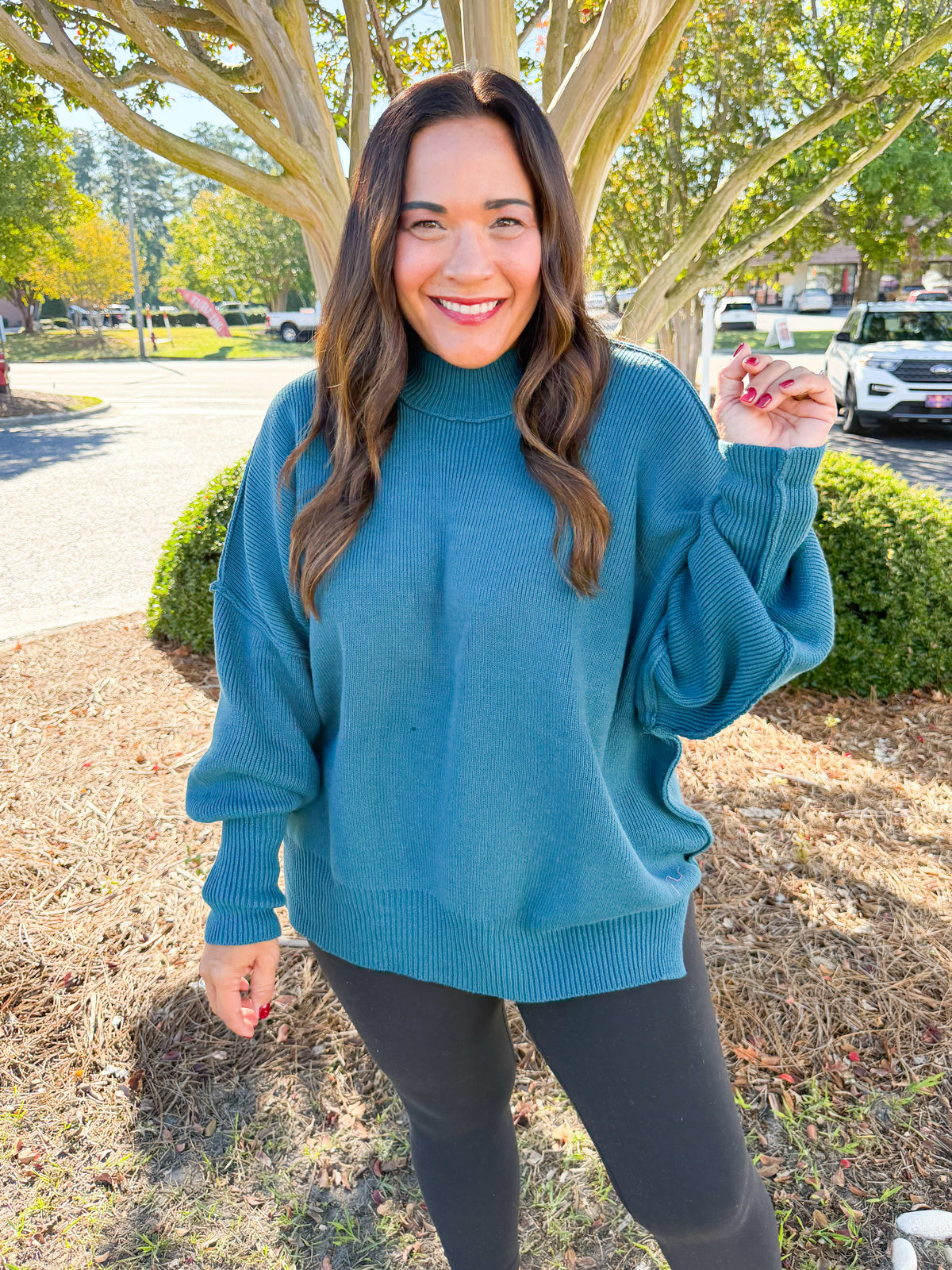 Side Slit Mockneck Long Sleeve Knit Sweater in Teal