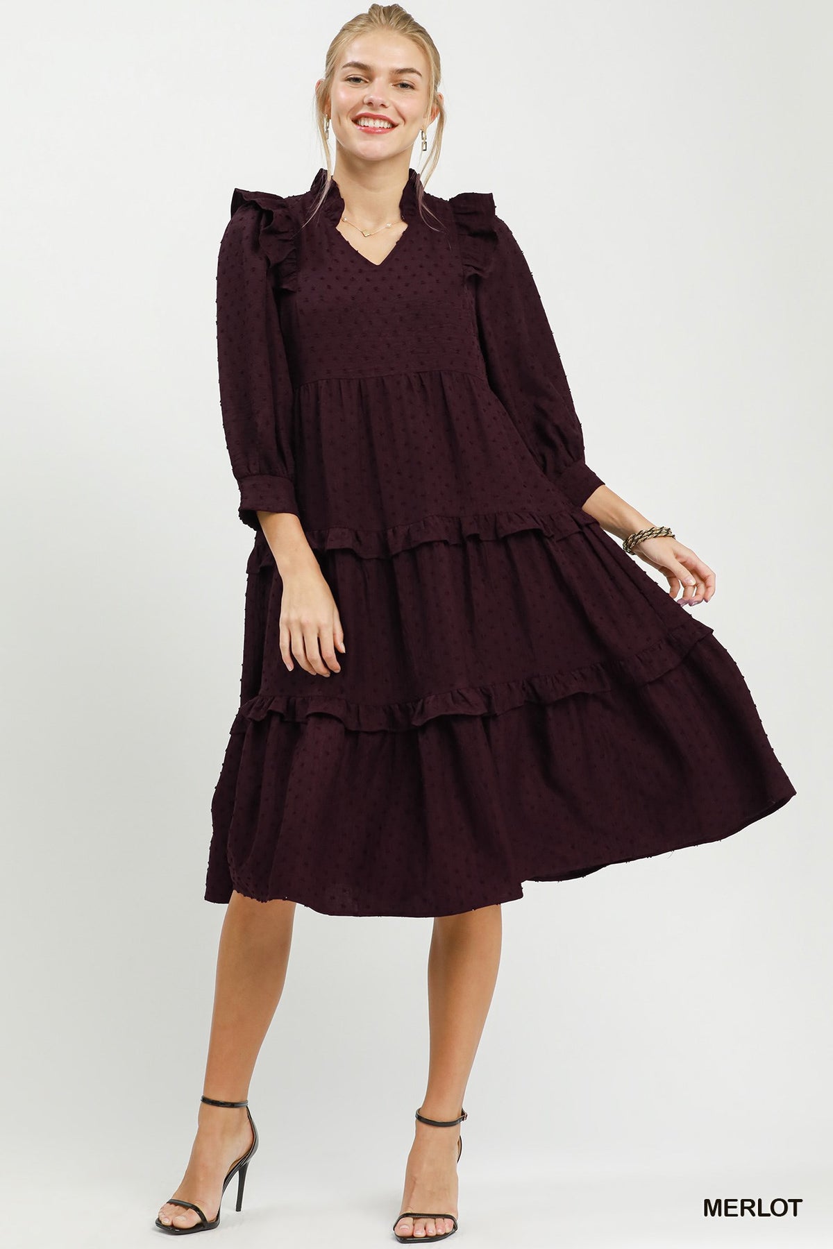 Kimberly Ruffle Shoulder Dress in Merlot