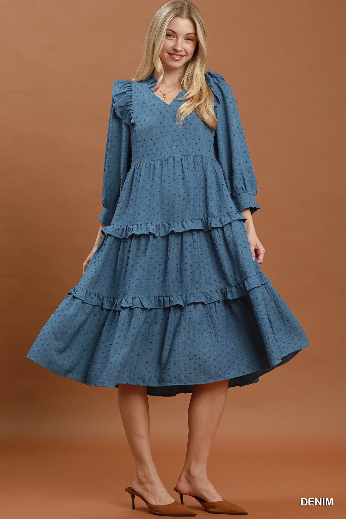 Kimberly Ruffle Shoulder Dress in Denim