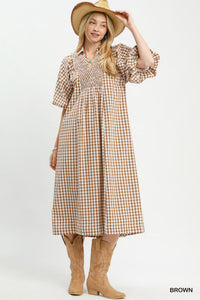 Gingham and Grace Midi Dress in Brown