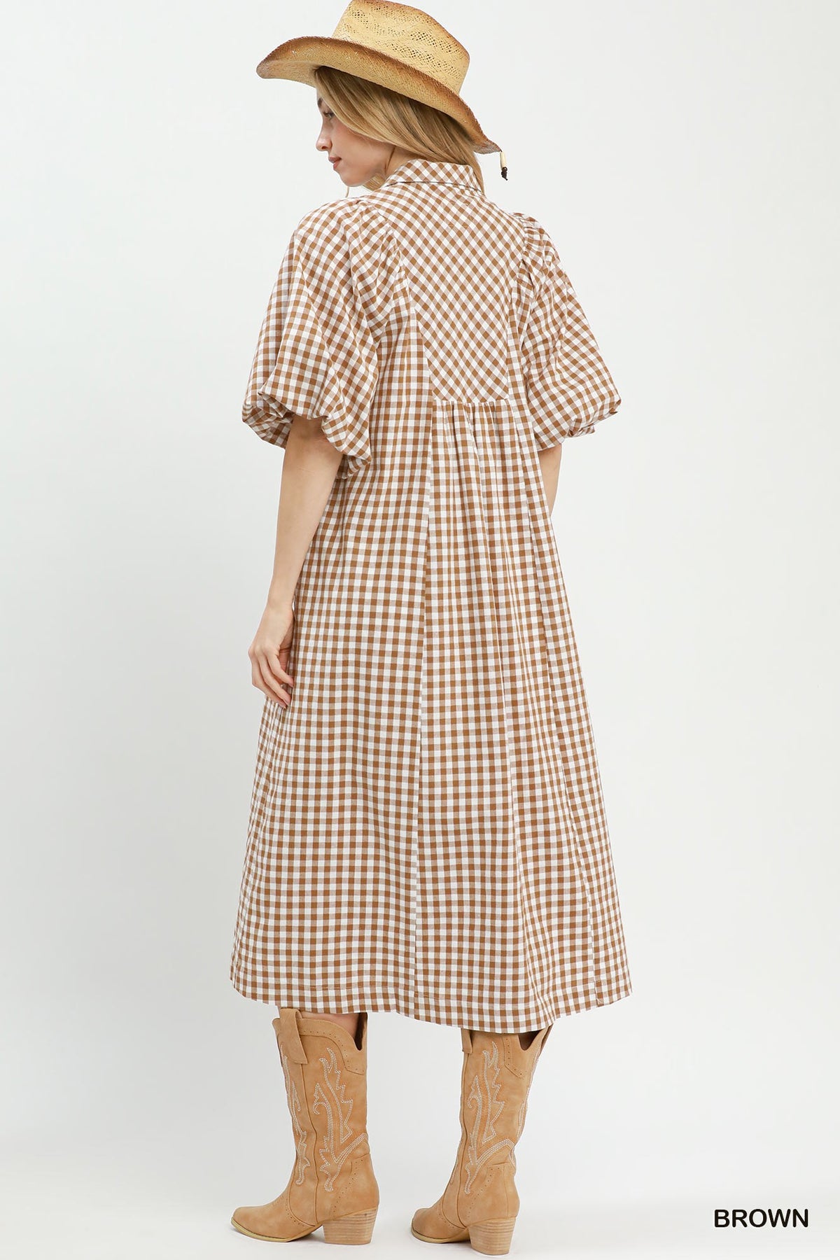 Gingham and Grace Midi Dress in Brown