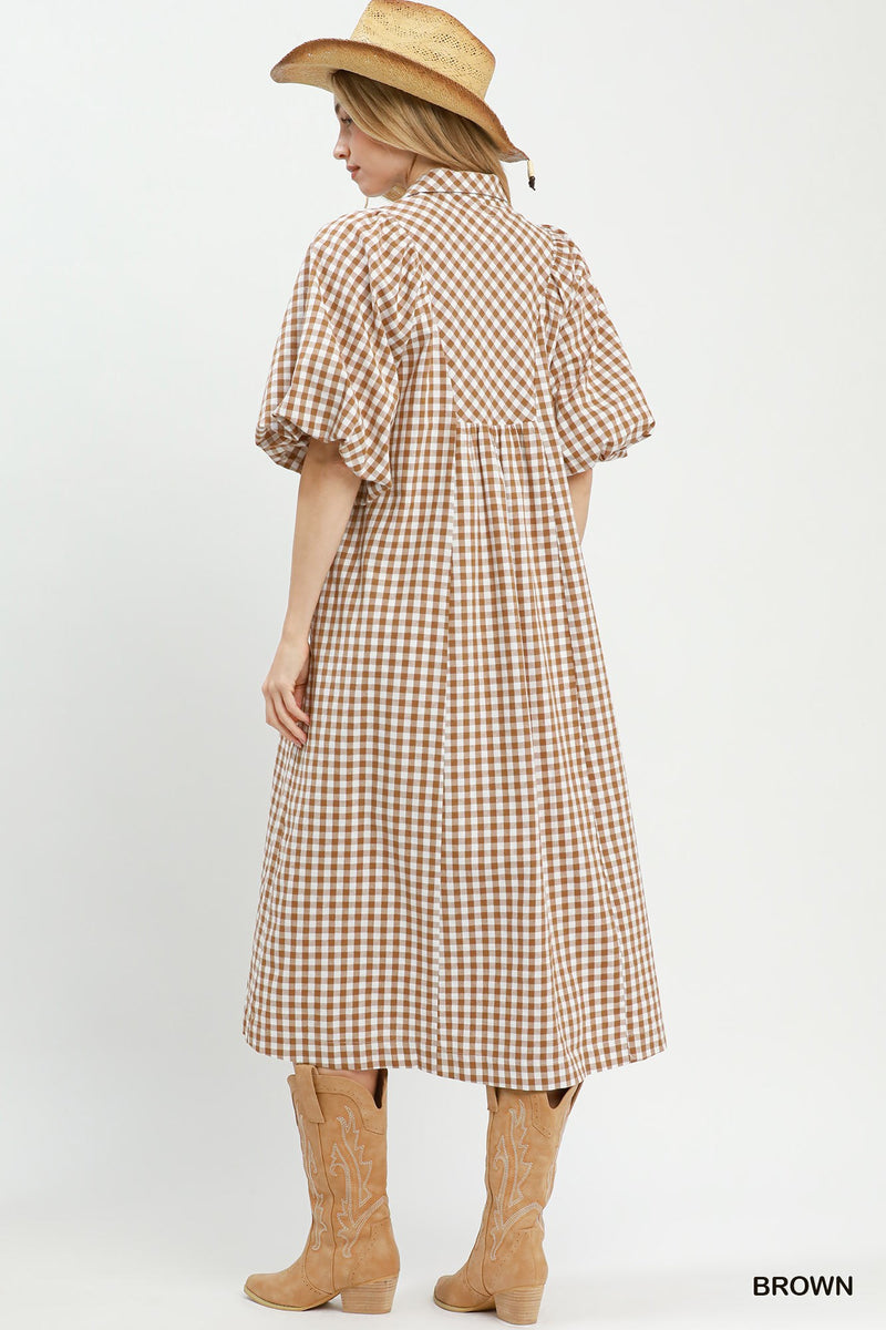 Gingham and Grace Midi Dress in Brown