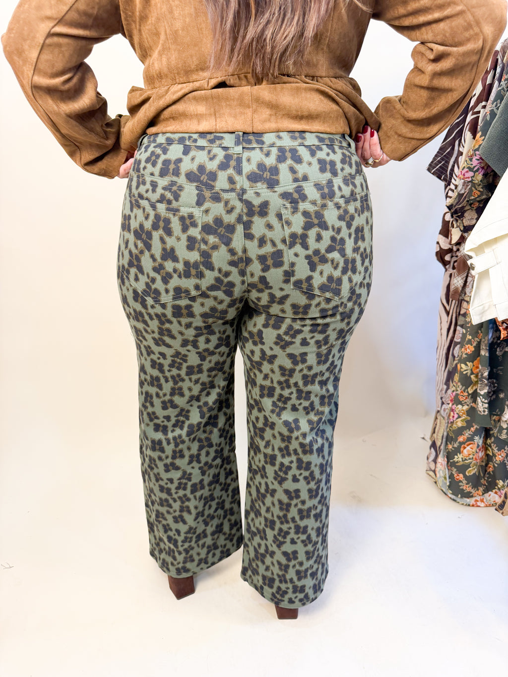 Animal Print Wide Leg Denim in Olive