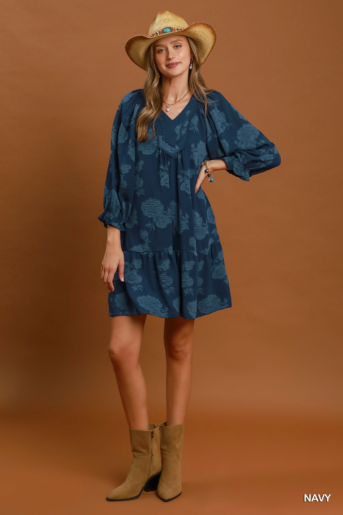 Trisha Floral Textured Babydoll Mini Dress in Navy