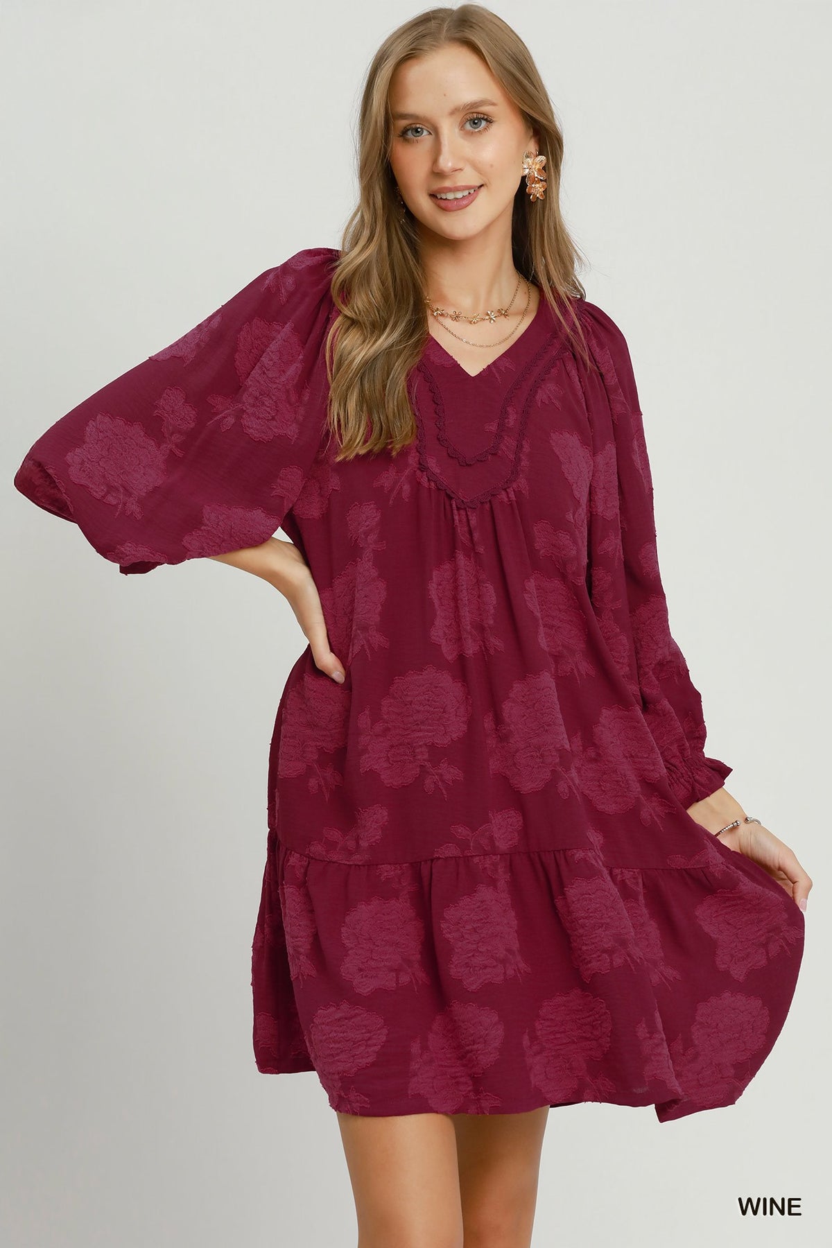 Trisha Floral Textured Babydoll Mini Dress in Wine