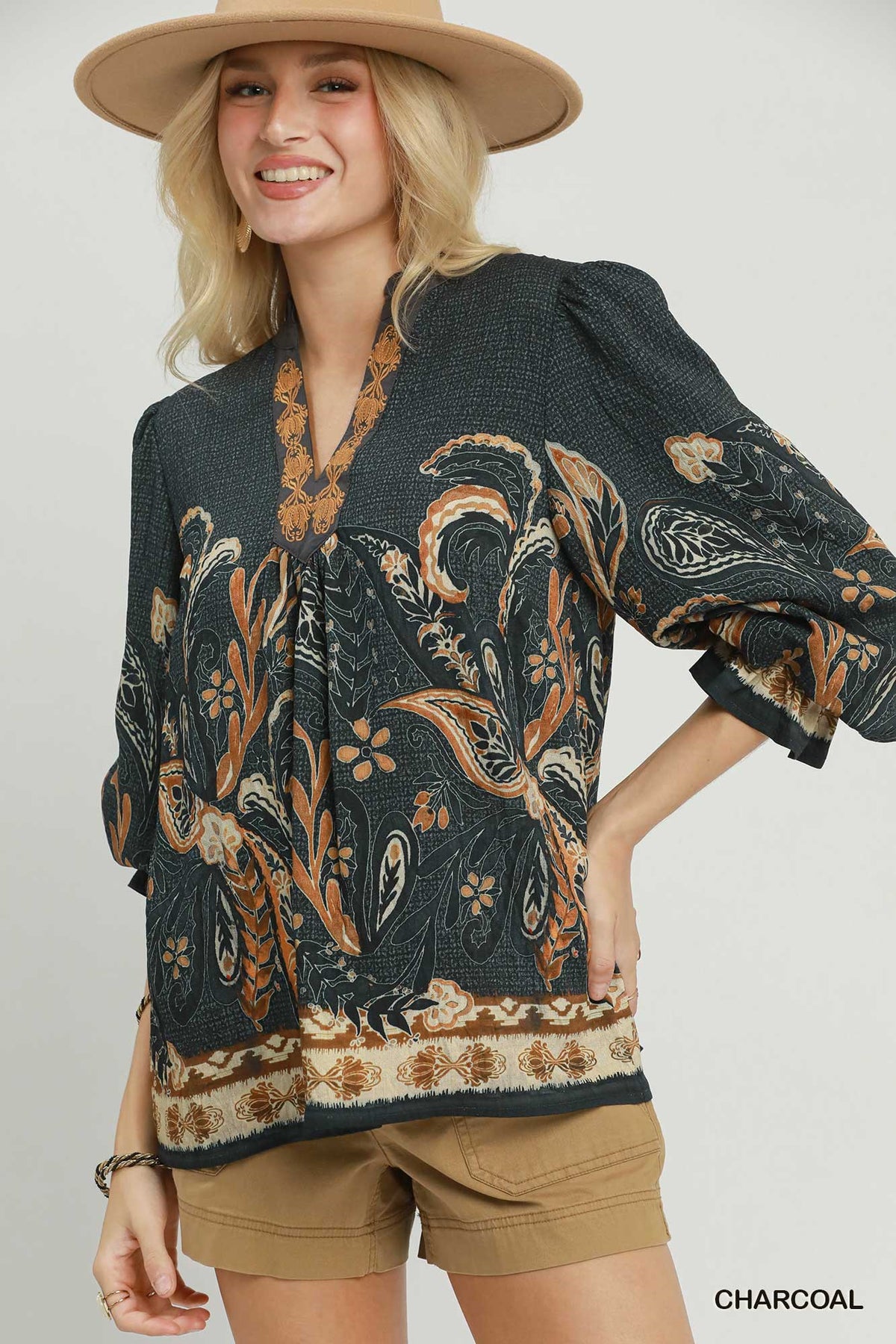 Patricia Charcoal Paisley Border Print Boho Blouse