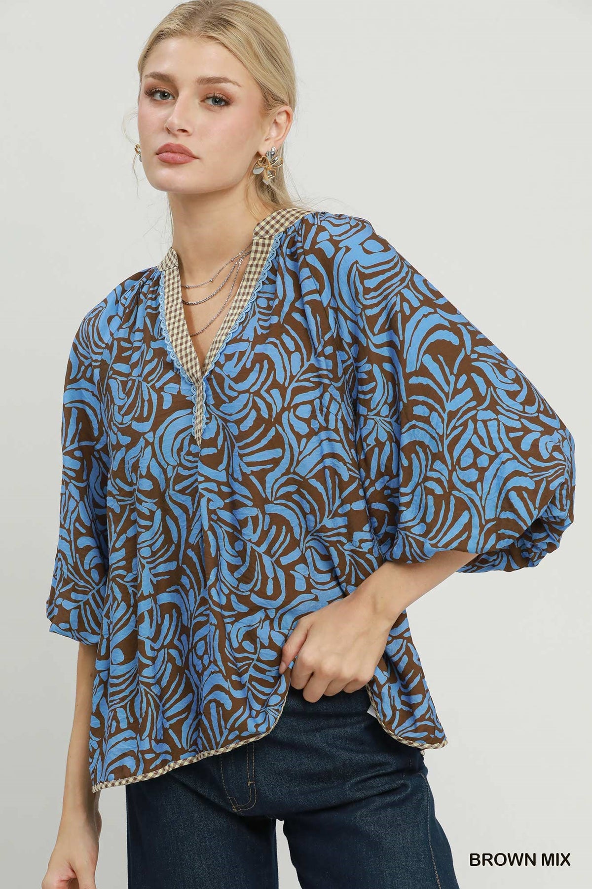 Bella Mix Abstract Print Balloon Sleeve Blouse