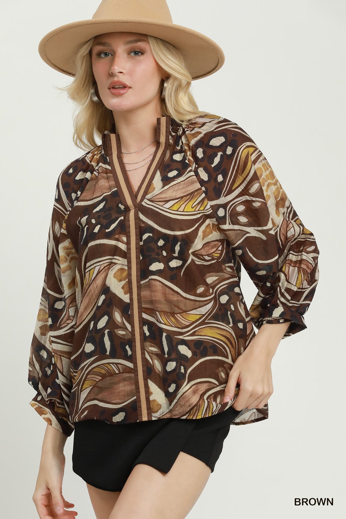 Anna Abstract Print Split Neck Blouse in Brown
