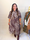 Abstract Zebra Print Flowy Midi Dress in Brown