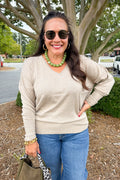 Lightweight V-Neck Long Sleeve Slouchy Sweater in Heather Mocha