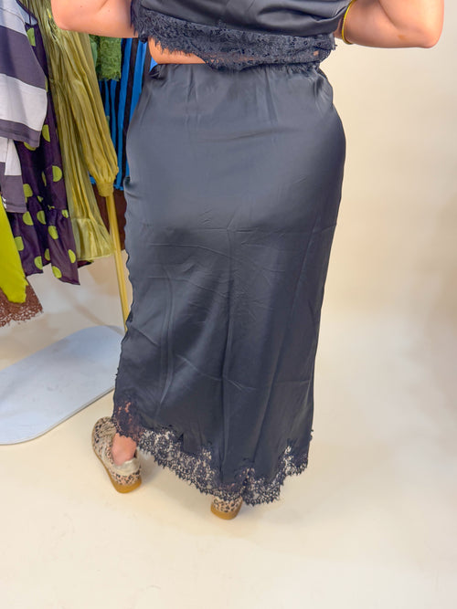 Lace Trim Black Hem Satin Maxi Skirt