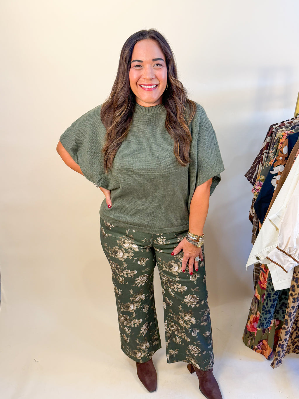 Oversized Boat Neck Knit Blouse in Olive