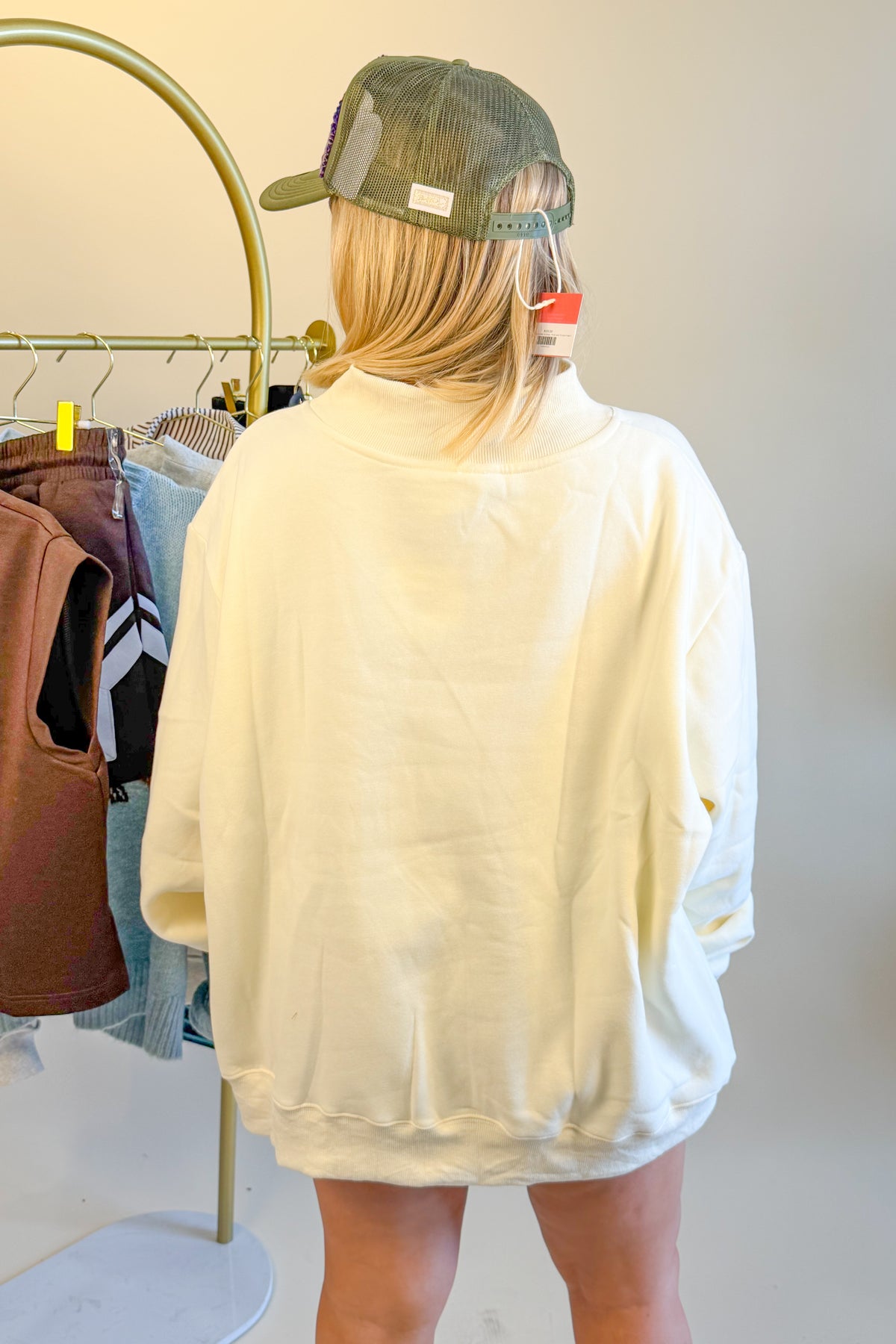 Embroidered Fish Mock Neck Sweatshirt - Cream/Mocha